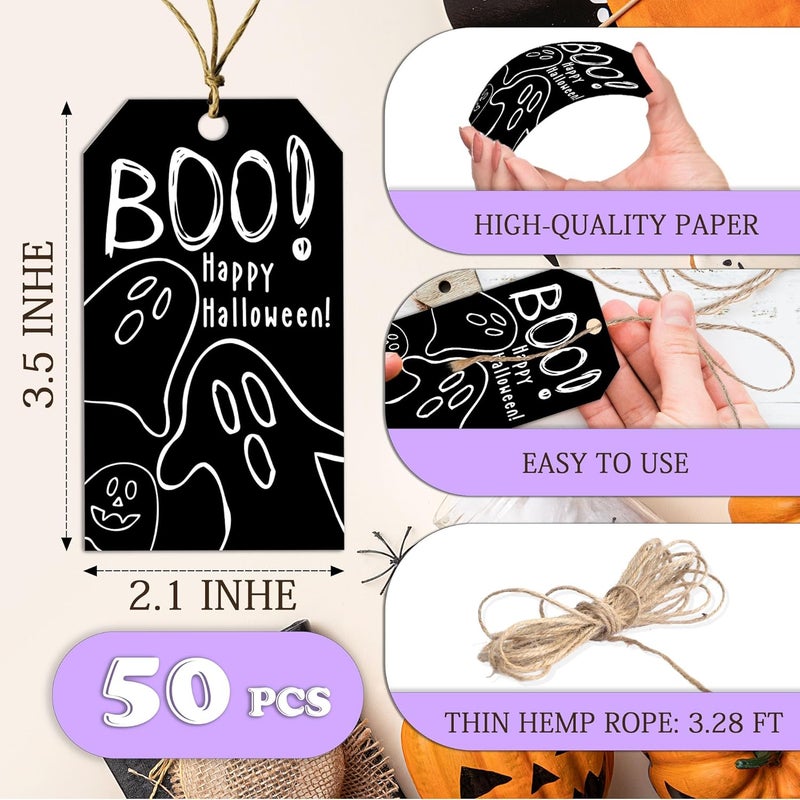RPLCSPC Black Halloween Paper Gift Tags with String-50Pcs, Happy Halloween Cute Ghost Boo Tags for Goodie Bags, 2 x 3.5 Inch Writable Waterproof Hanging Labels for Decor Party Supplies, Gift Wrapping-B09 - Image 2
